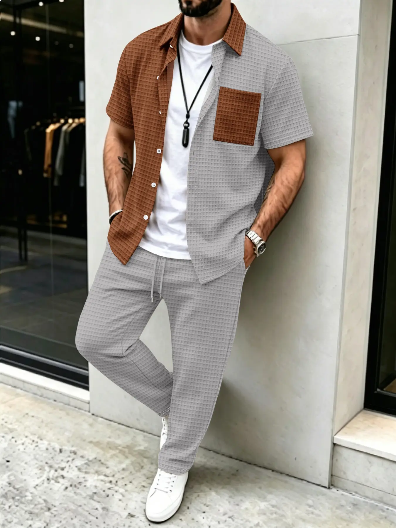 Men'S Fashion Designer - Men's Solid Waffle Pattern Casual, Color